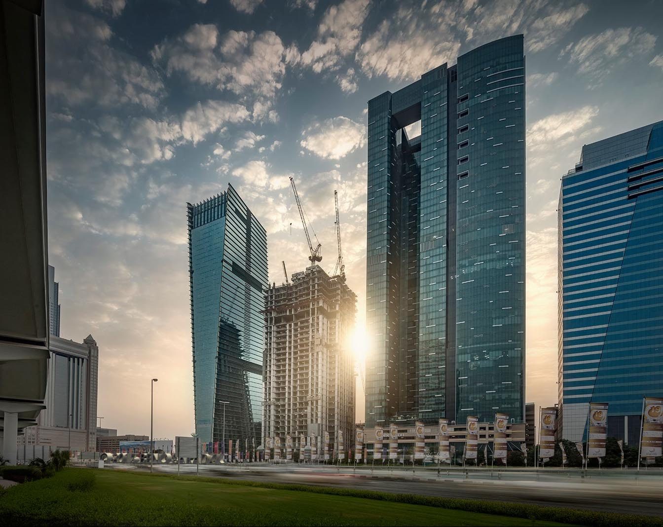Burj Al Salam at sunset, a prime example of luxury real estate in Dubai's thriving property market.