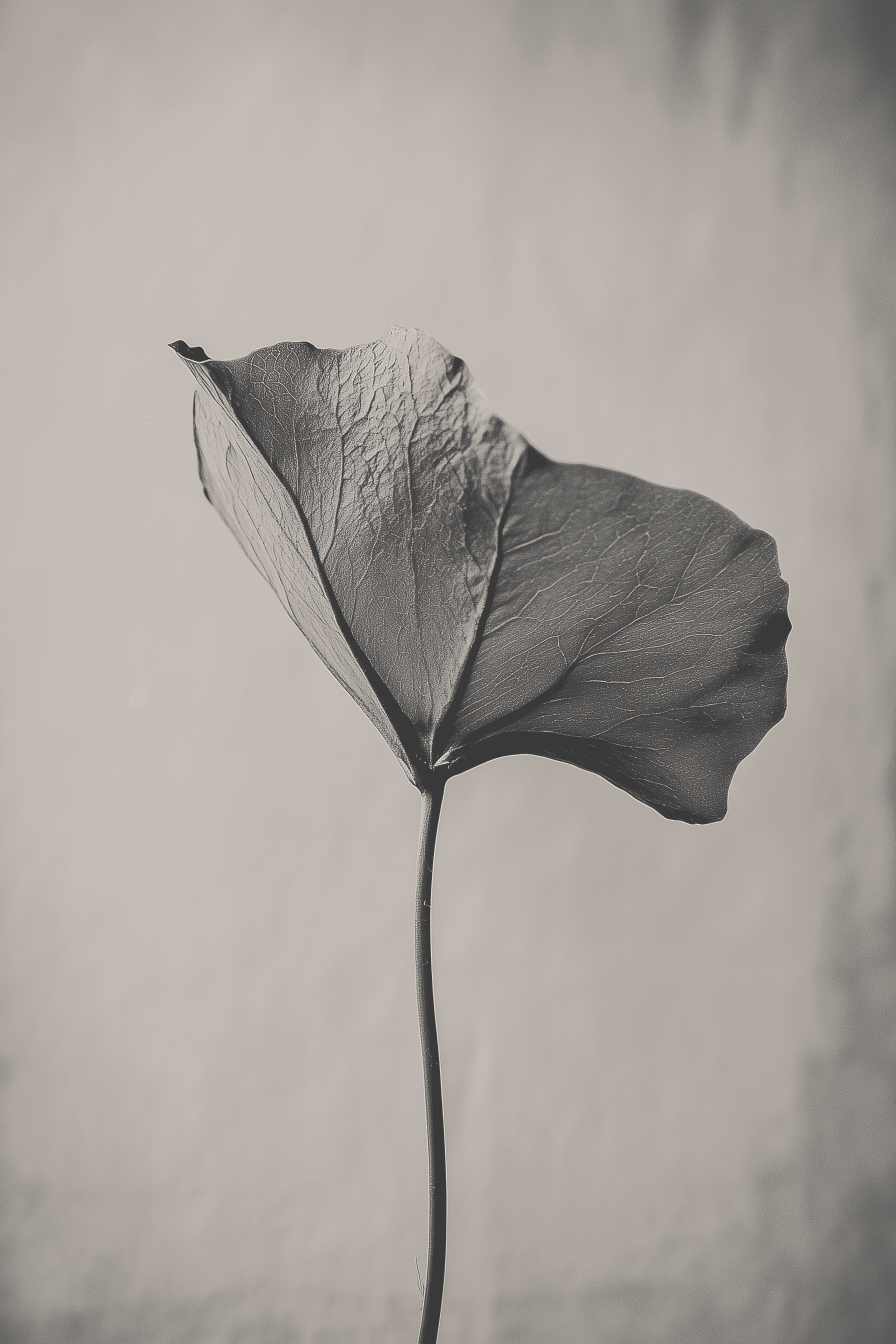 A close-up image of a single dark leaf, showcasing detailed veins and texture. The leaf is attached to a thin, delicate stem, set against a light, neutral background. The overall tone is monochromatic, emphasizing the leaf's intricate features.