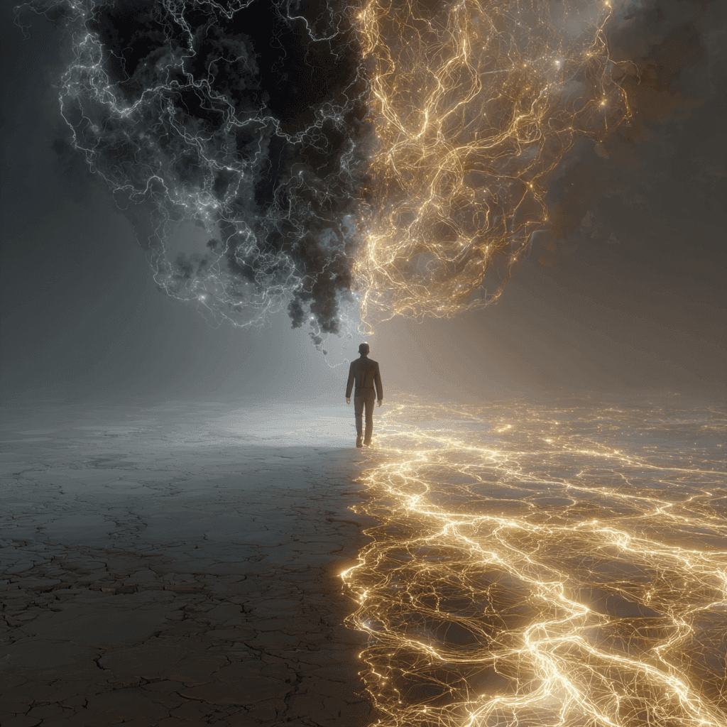 A hyper-realistic, surreal scene of a human figure standing at the threshold between two dramatic environments: on the left, a chaotic, stormy neural landscape made of tangled, dark synapses and electric sparks (symbolizing fear and mental noise); on the right, a radiant, golden-lit pathway of focused neural networks flowing in clean, organized patterns like a brain-map highway. The person is mid-transition, with one foot still in fear, and one foot stepping into clarity. Their brain is subtly visible through the skull, glowing with rewired connections, action potentials sparking in the direction of light.