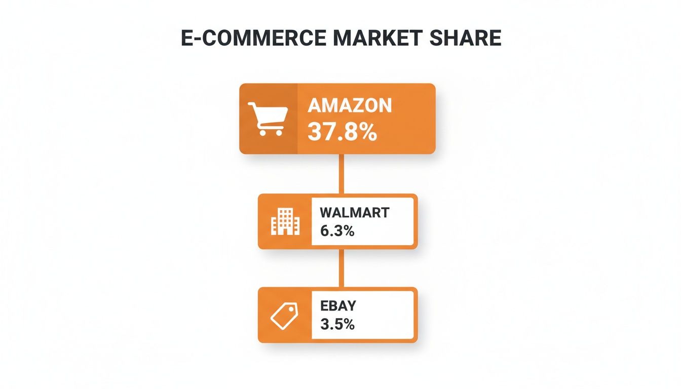 E-commerce market share chart showing Amazon, Walmart, and eBay and their respective percentages.