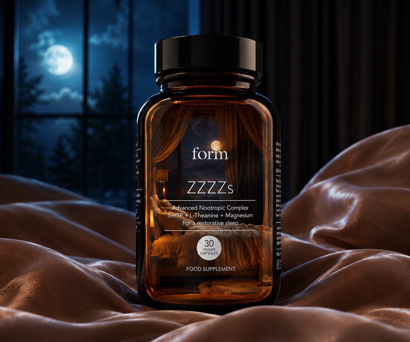 FORM ZZZZs bottle glowing on satin bedding in a moonlit bedroom.