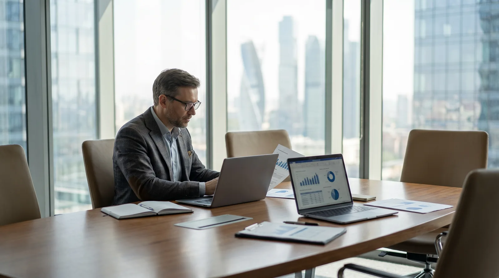 German founder planning a Dubai company setup at a modern desk with the skyline behind