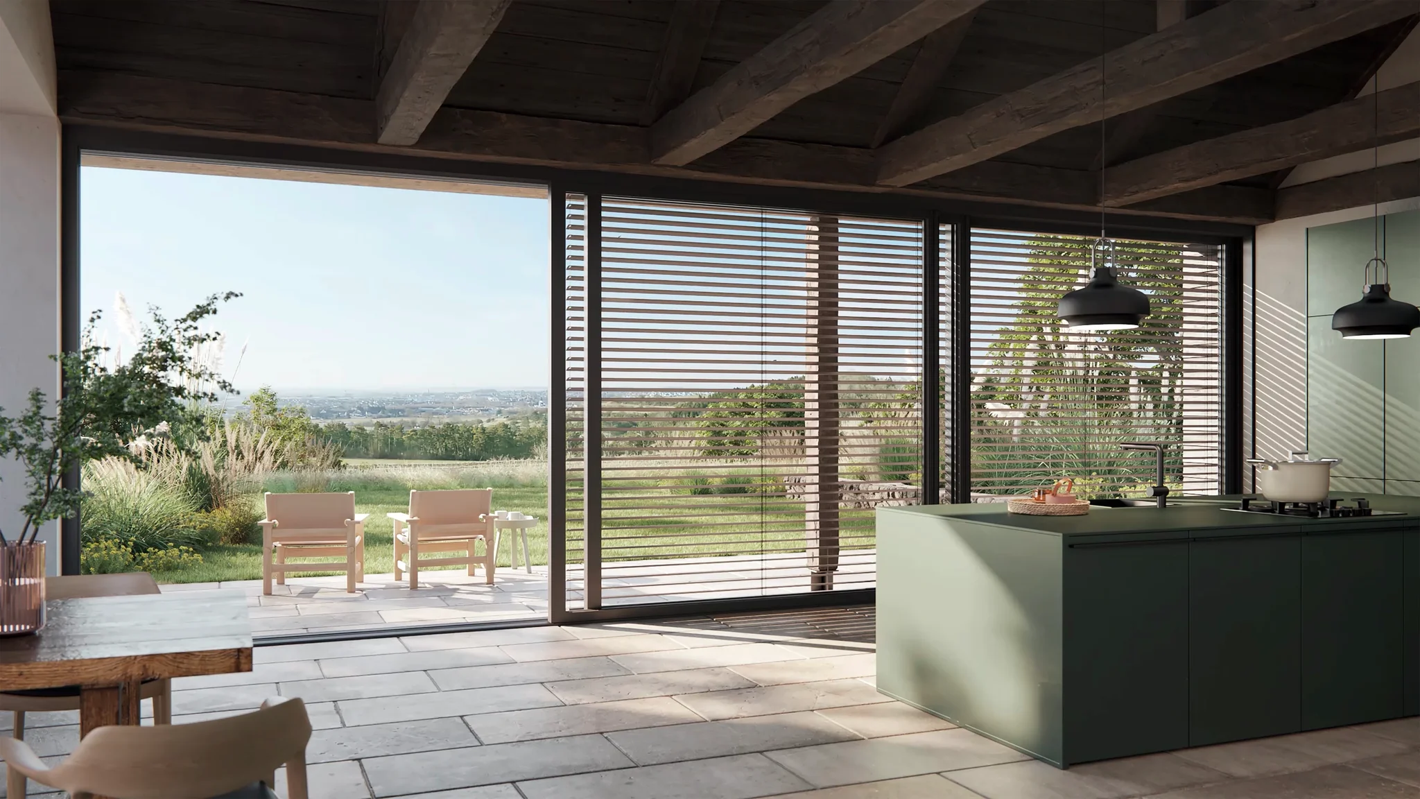 Moderne Küche mit Raffstoren für Sonnenschutz, Blick auf Gütersloh Landschaft, Maßanfertigung in Westerwalbesloh, OWL.