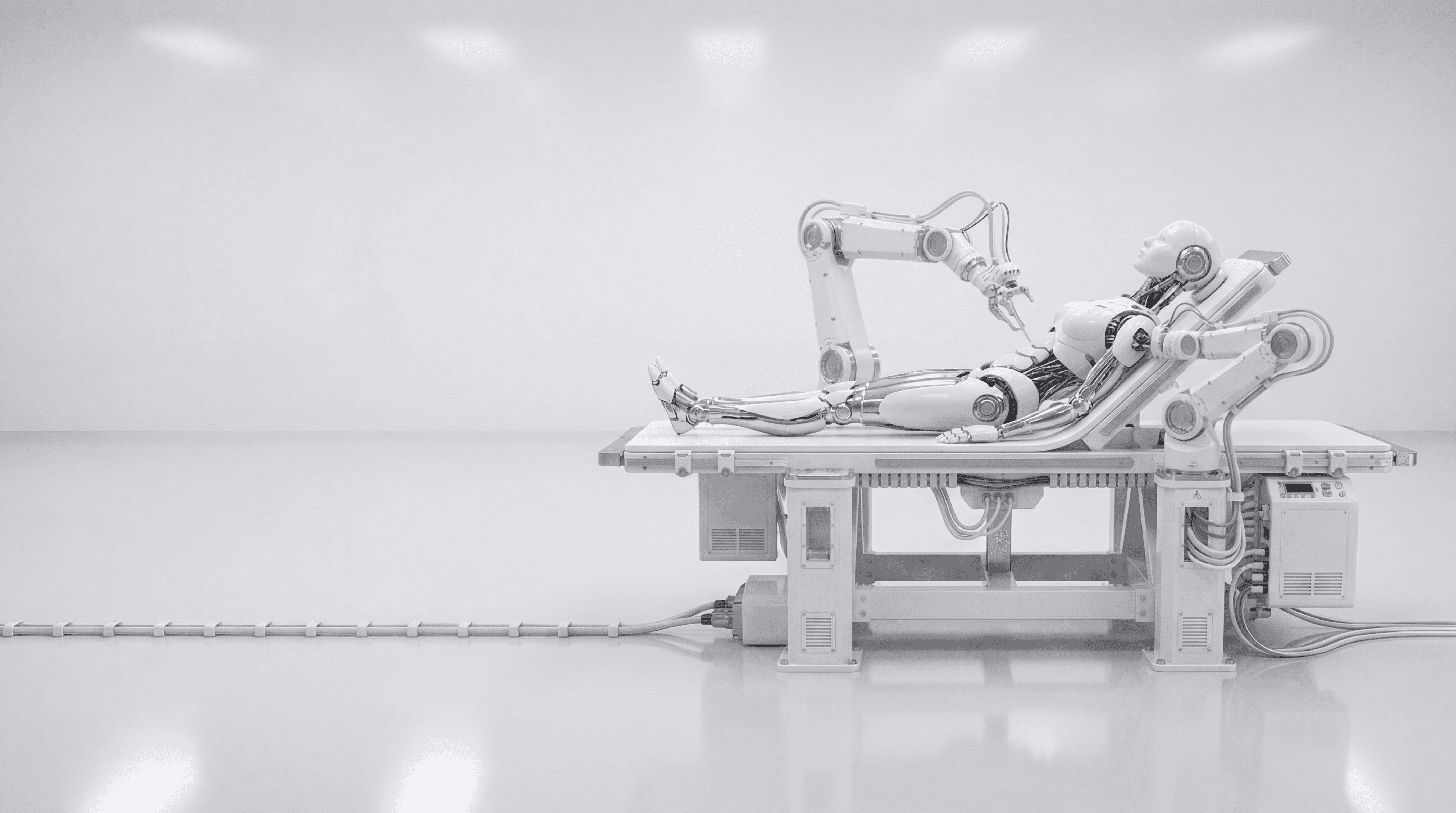 White robotic arms surrounding a futuristic piano in a minimalist studio