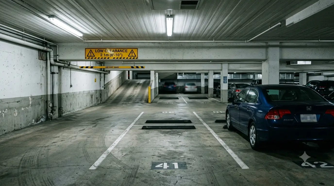 Numbered parking space and clearance sign inside a residential garage.