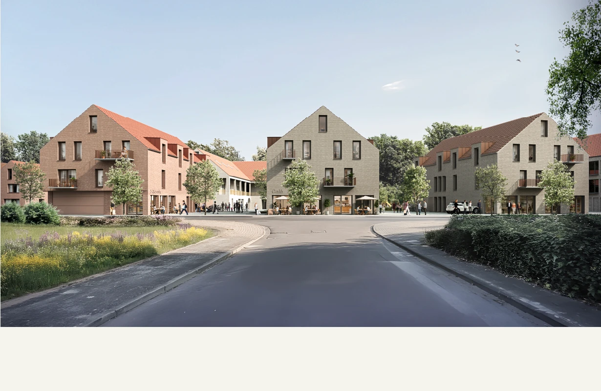 Isometrische Zeichnung eines Bauprojekts mit mehreren Gebäuden und markierten Strukturen in Rot