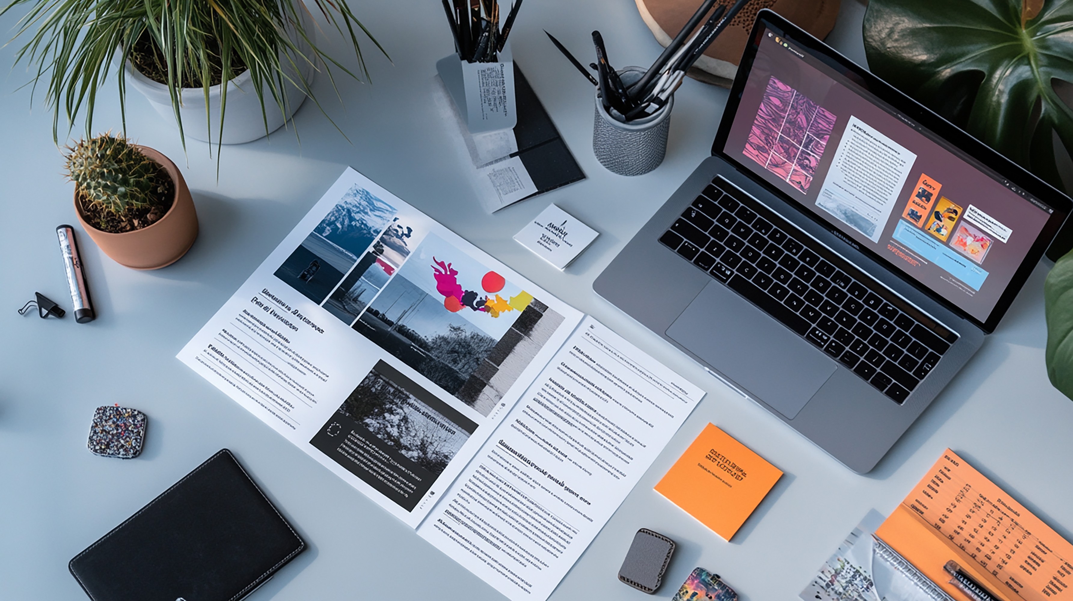 Modern minimalist desk setup with a computer monitor, microphone arm, camera, and indoor plants, featuring a pegboard with accessories on the wall and a Bauhaus-style poster leaning against the wall.