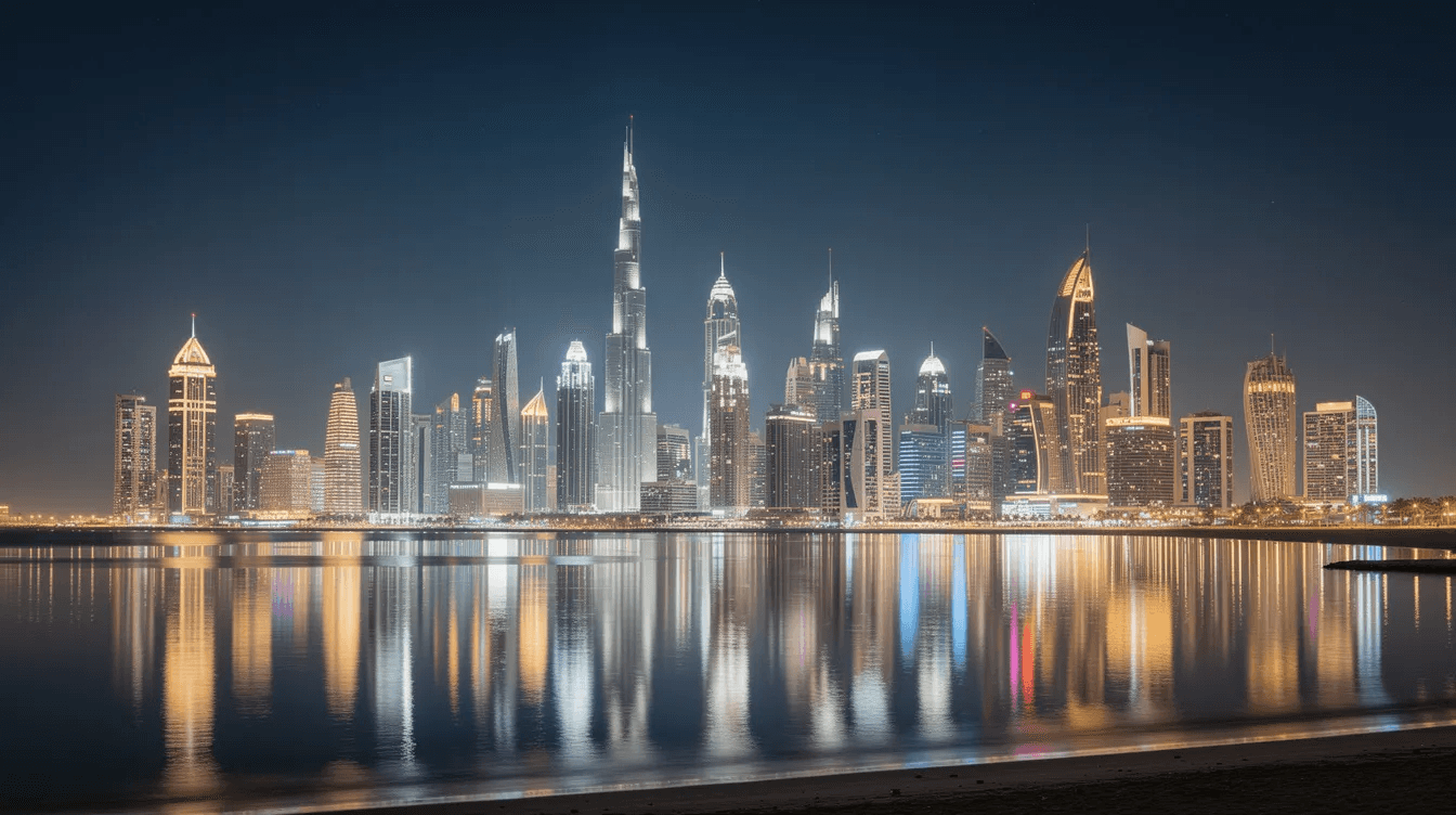 The image showcases the modern skyline of Dubai at night, featuring illuminated skyscrapers that beautifully reflect on the water below, symbolizing the city's vibrant business growth and innovative solutions. This stunning visual highlights Dubai's status as a leading design agency hub, where creative branding and digital marketing thrive.