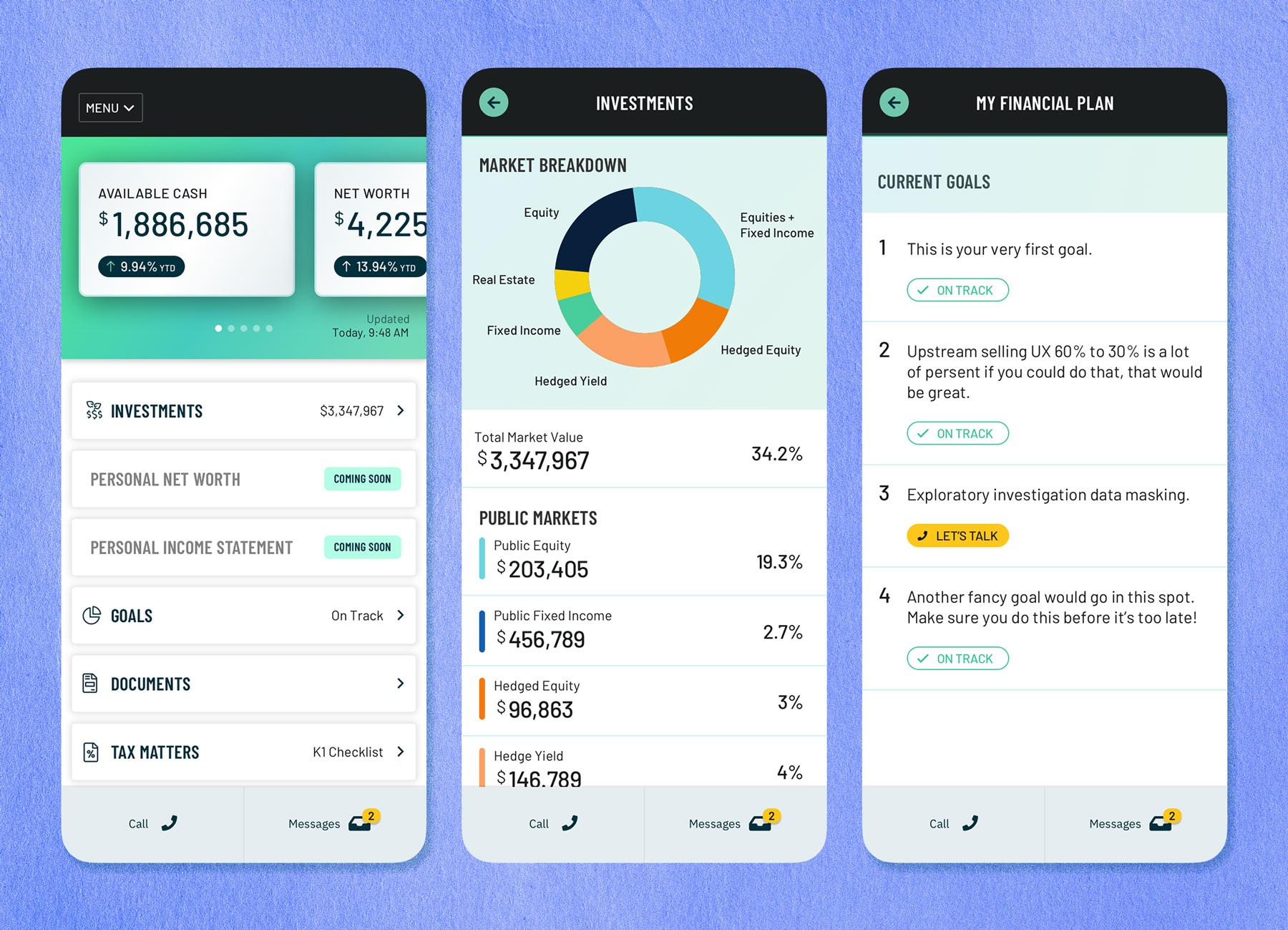 3 screens of the wealth app design