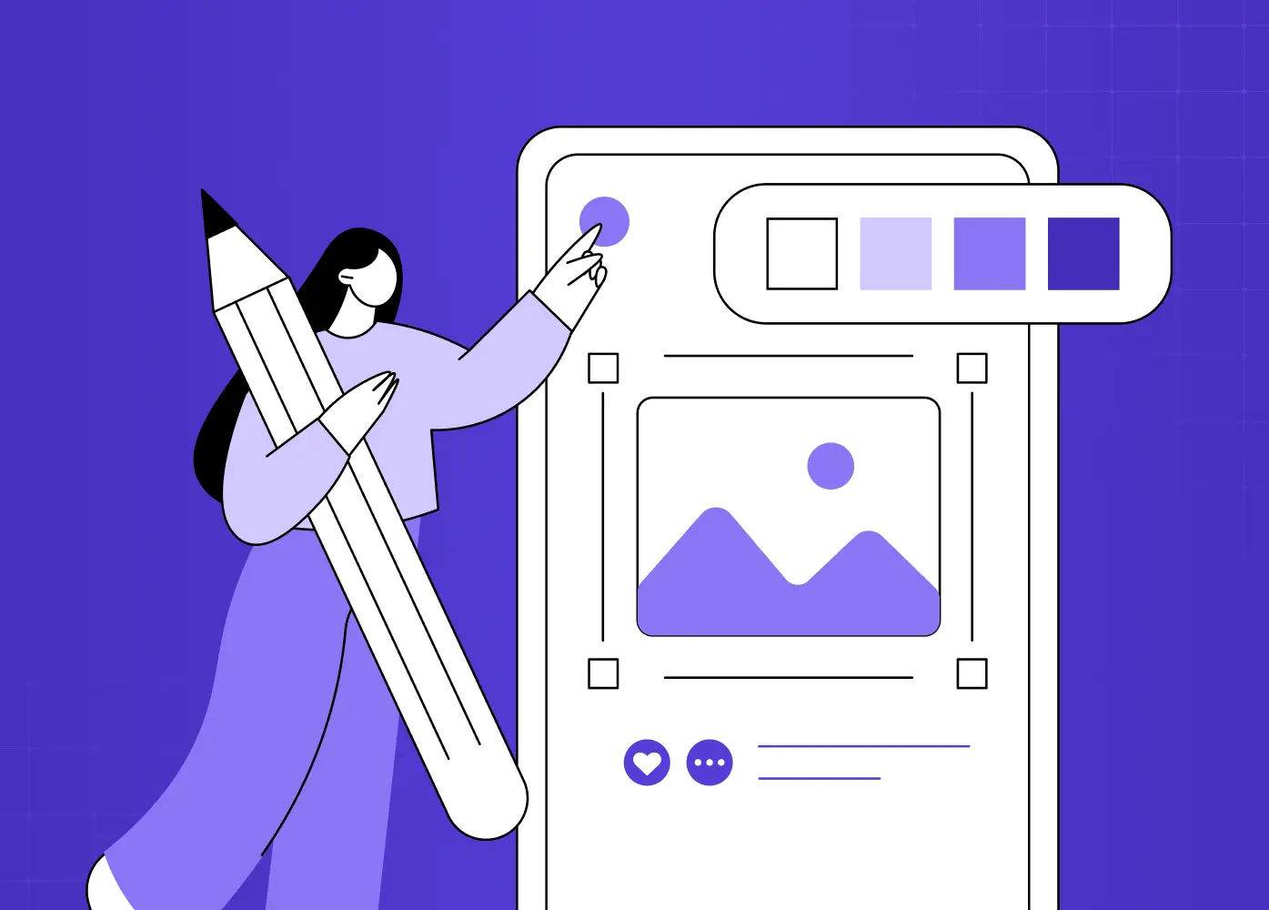 Illustration of a designer holding a large pencil while editing a digital interface, with color palette, image, and layout controls displayed on screen.