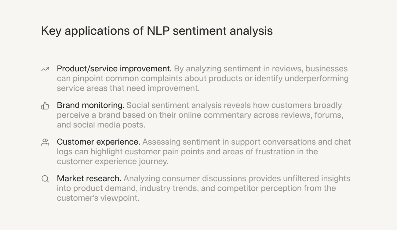 Infographic outlining key applications of NLP sentiment analysis, including product/service improvement, brand monitoring, customer experience, and market research.