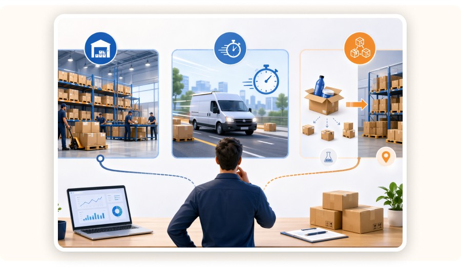 Entrepreneur compare trois options logistiques : 3PL stable, réseau rapide, hybride.&nbsp;