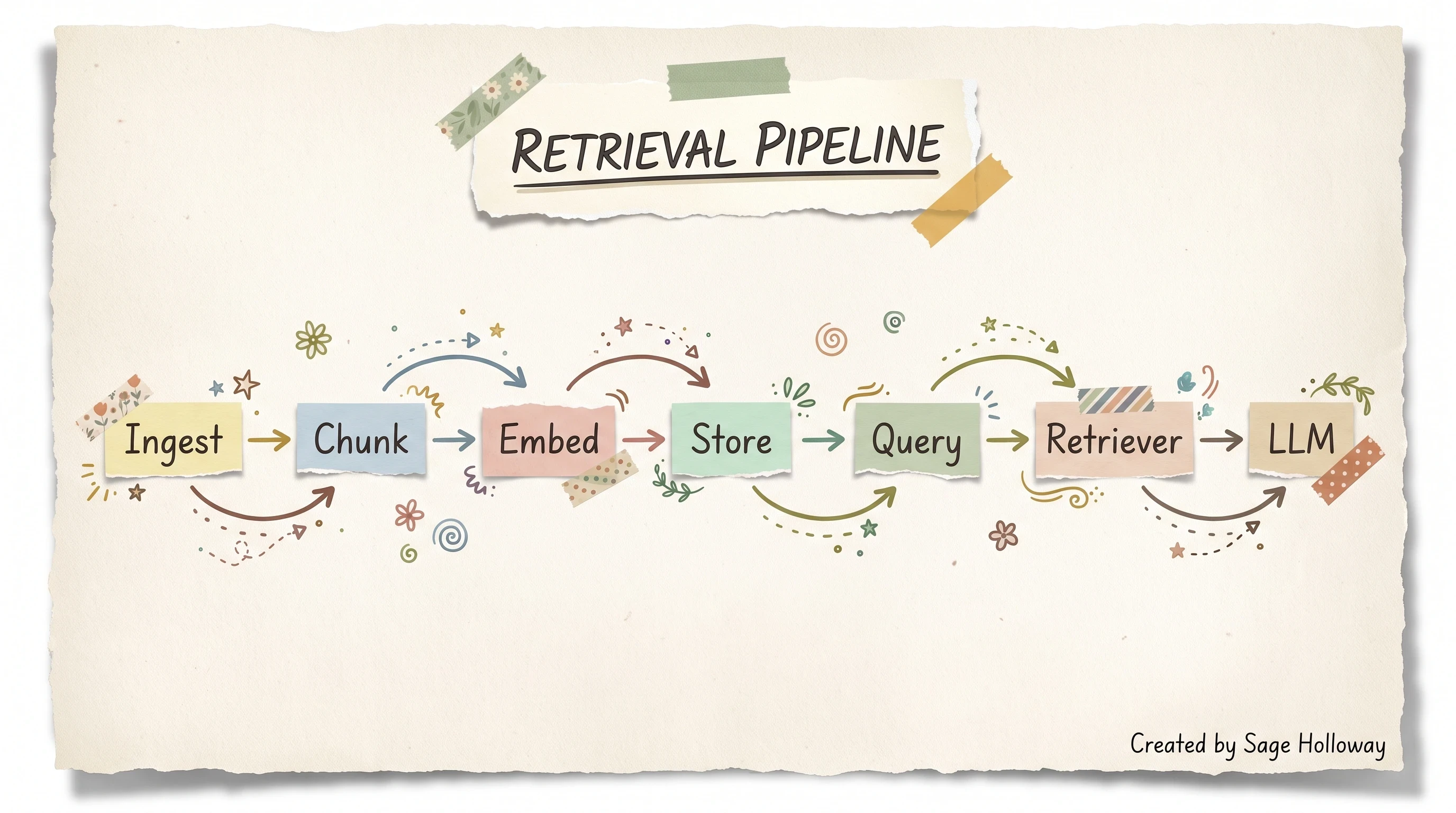 Scrapbook flow diagram of a LangChain retrieval pipeline from document ingest to LLM