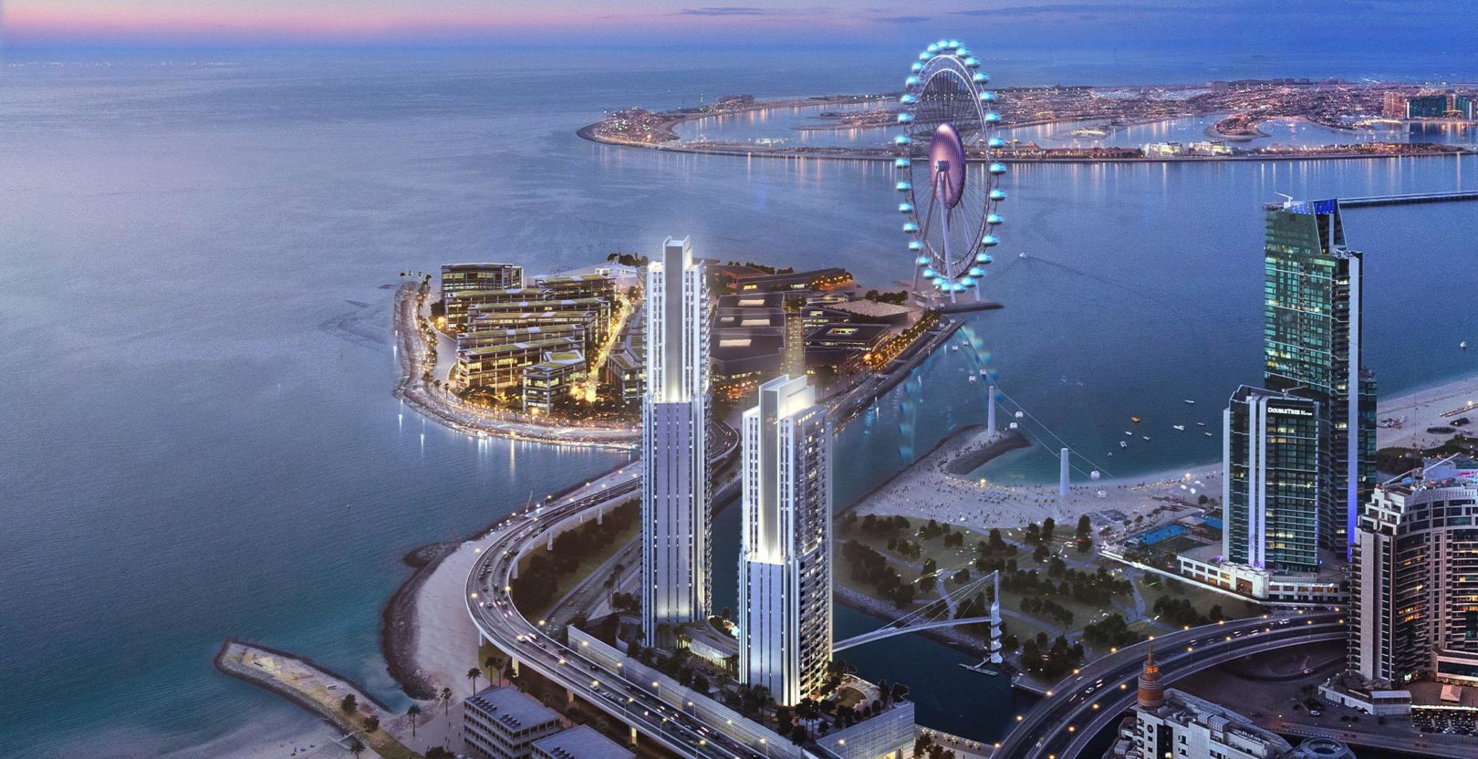 A view of two tall buildings adjacent to a body of water, part of the 52 42 by Emaar project.
