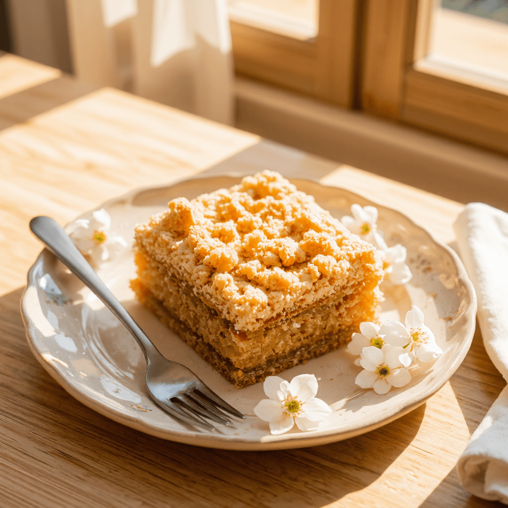 product photography of a piece of crumbly dessert on a decorative plate