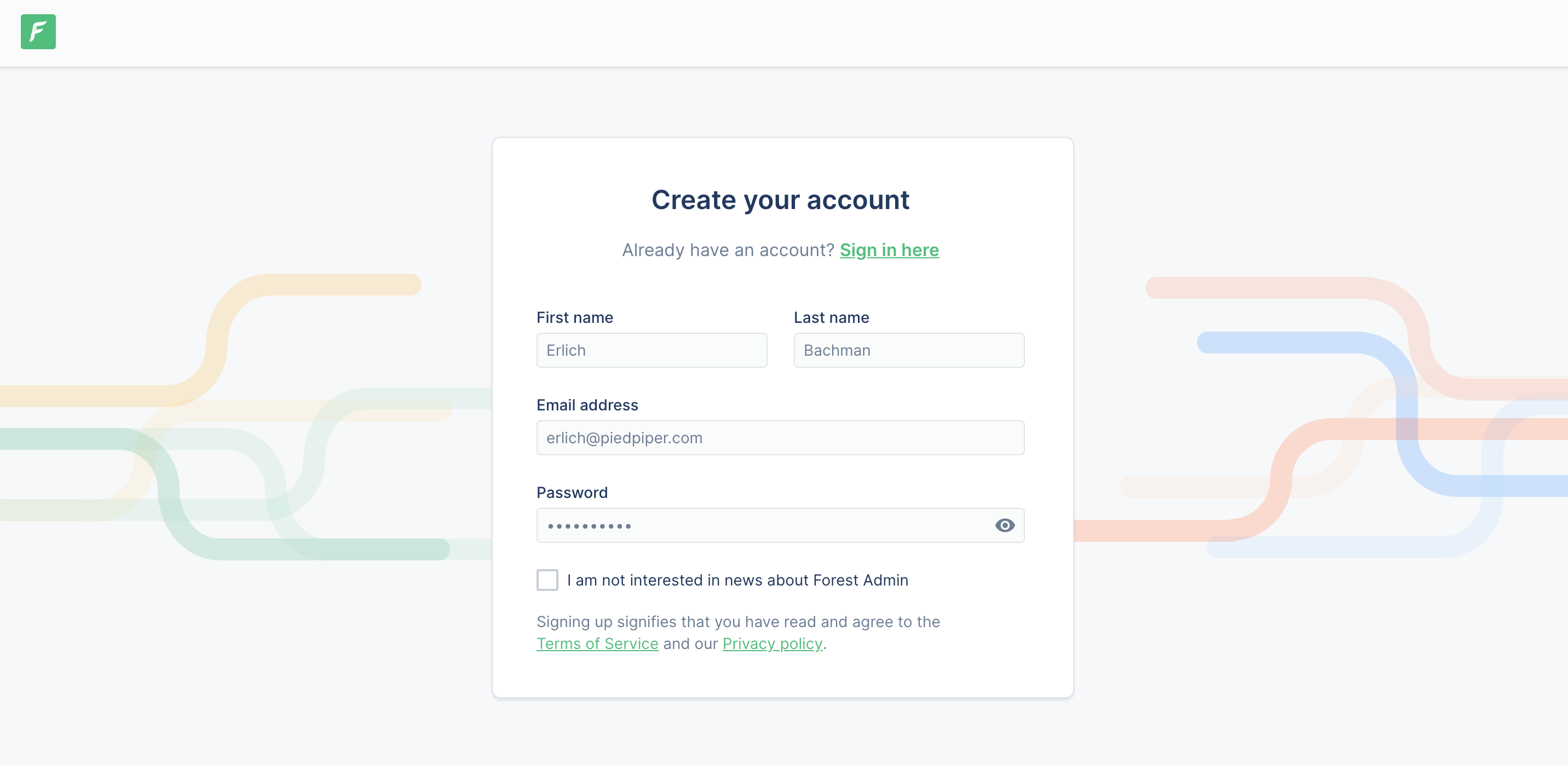 The Forest Admin Sign up page.