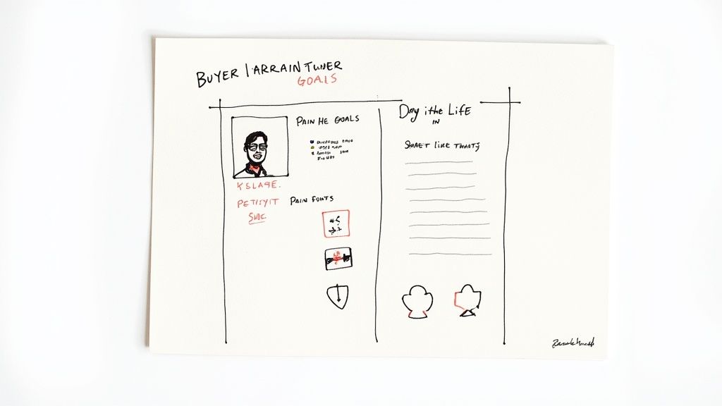 A creative workspace showing a persona template being filled out, with sticky notes, photos, and research materials scattered around.