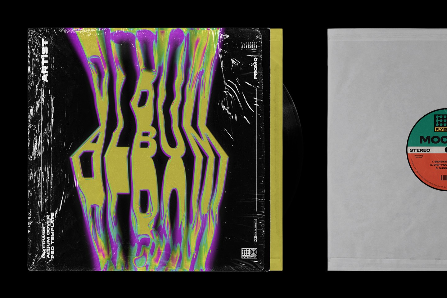 Vinyl record mockup displaying custom album cover design with colorful artwork