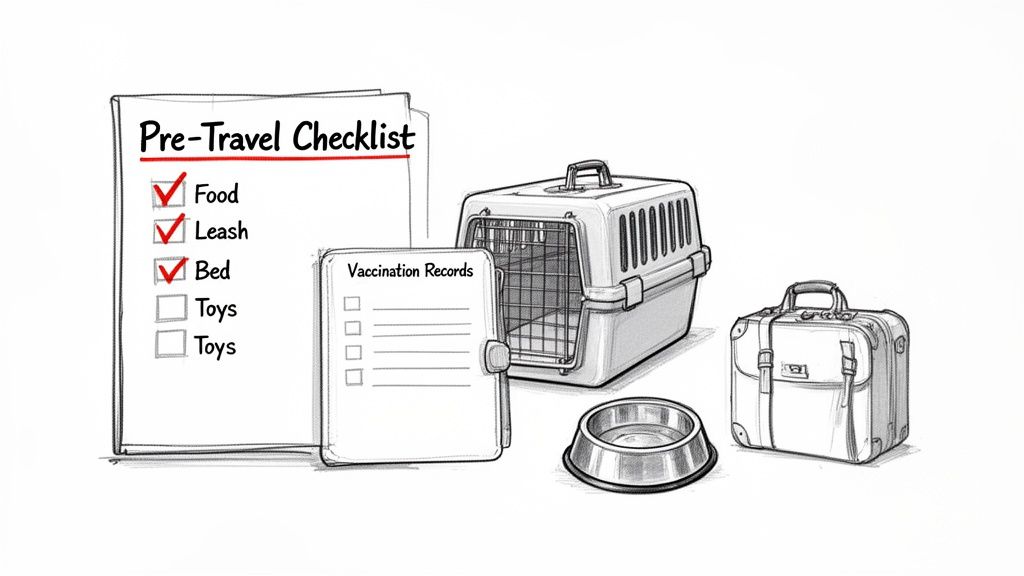 Pet pre-travel checklist with food, leash, bed checked, alongside carrier, bowl, and vaccination records.