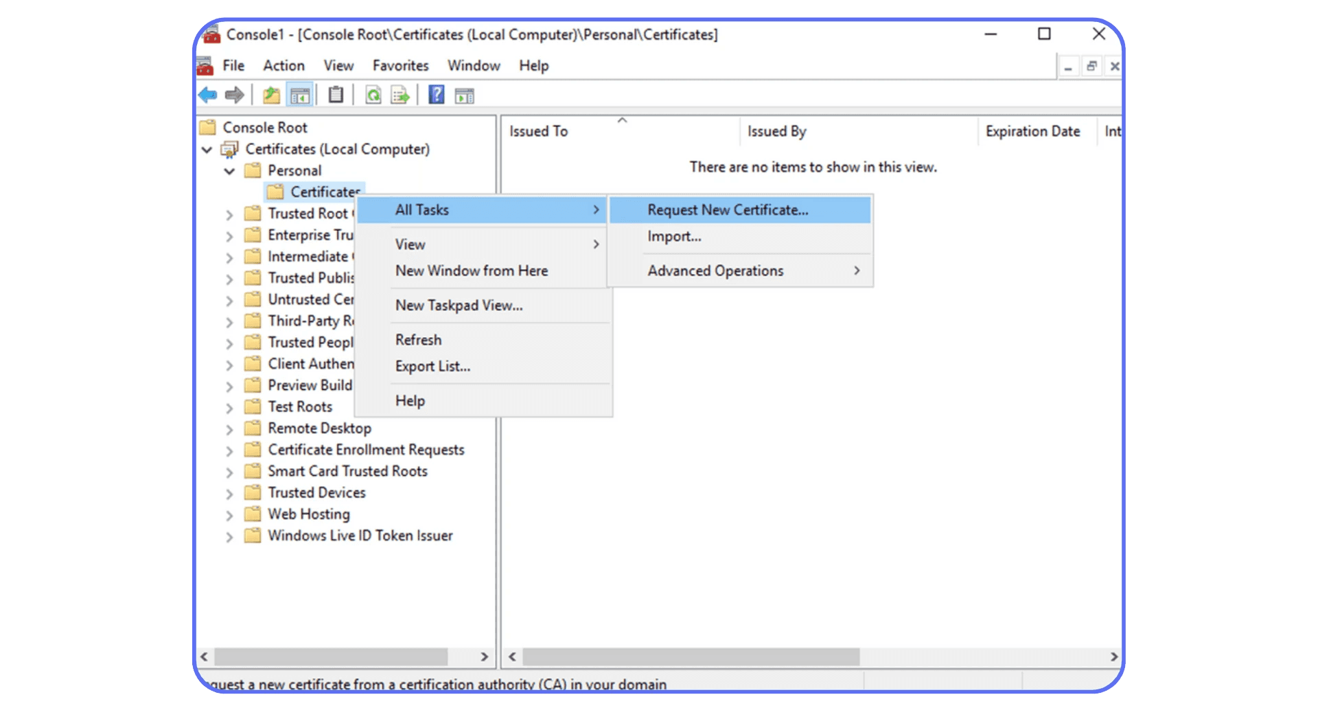 Screenshot of Windows Certificate Console showing steps to request a new certificate under the Personal Certificates store.