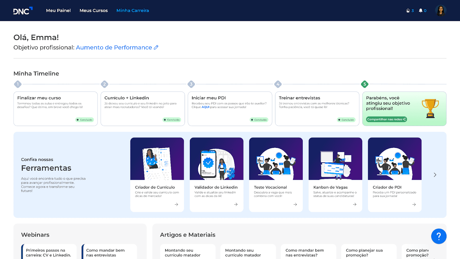 Interface da Seção Minha Carreira na Plataforma DNC.