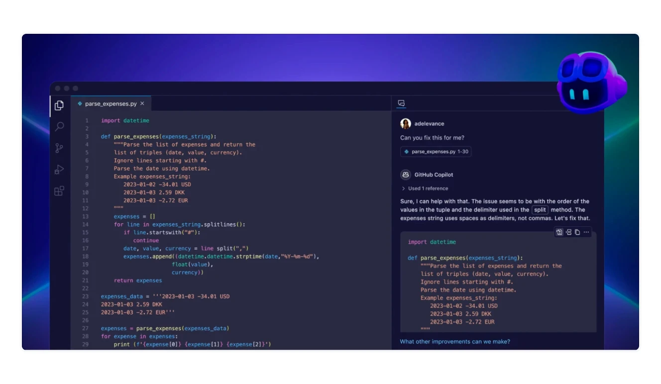 An AI assistant helps a user debug a Python script for parsing expenses, with suggestions and explanations appearing in the chat
