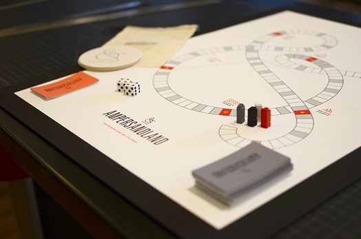 a board game with the cards put in place on left and right slots, prions at the start, and a pair of dice
