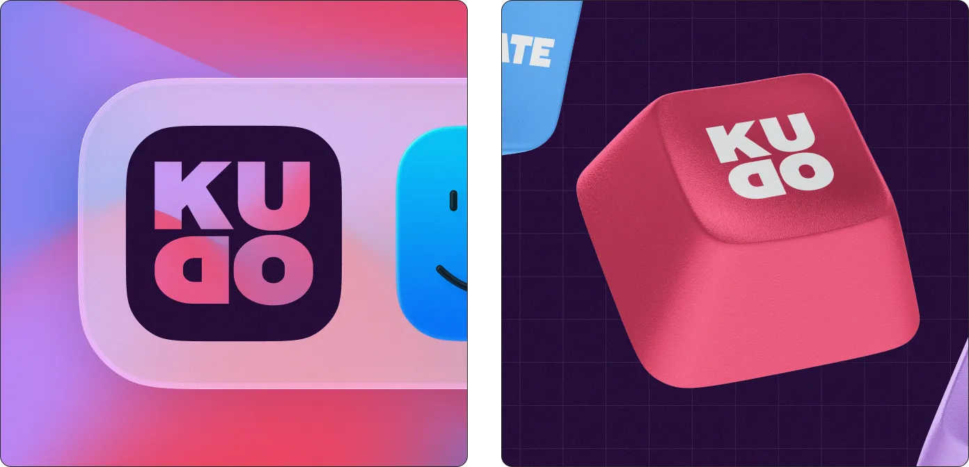 Kudo brand applications featuring app icon design, merchandise mockups, and branded digital assets.