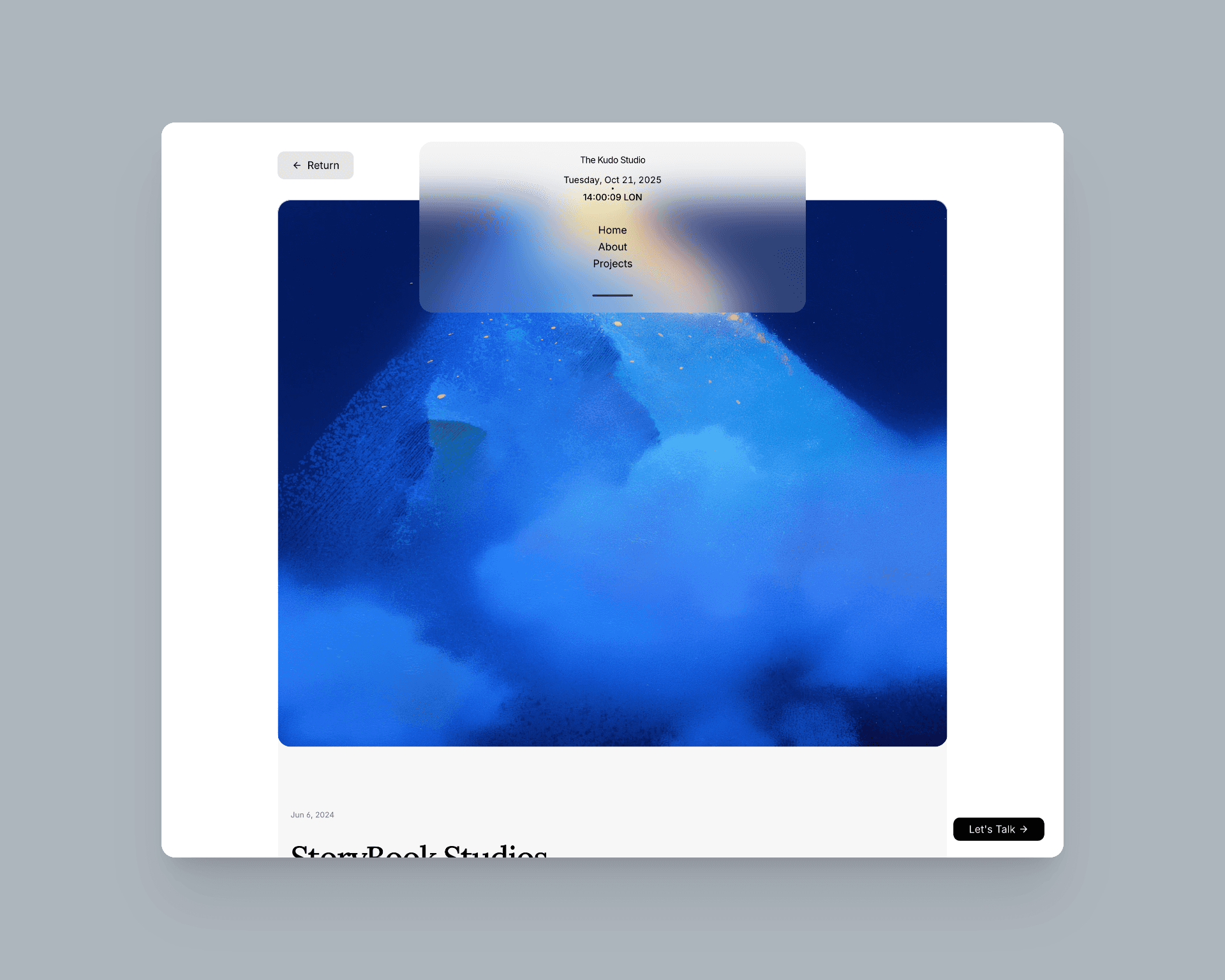 Web page mockup of The Kudo Studio minimalist website design, showcasing clean typography and a no-code web design layout. Demonstating an open navigation bar.