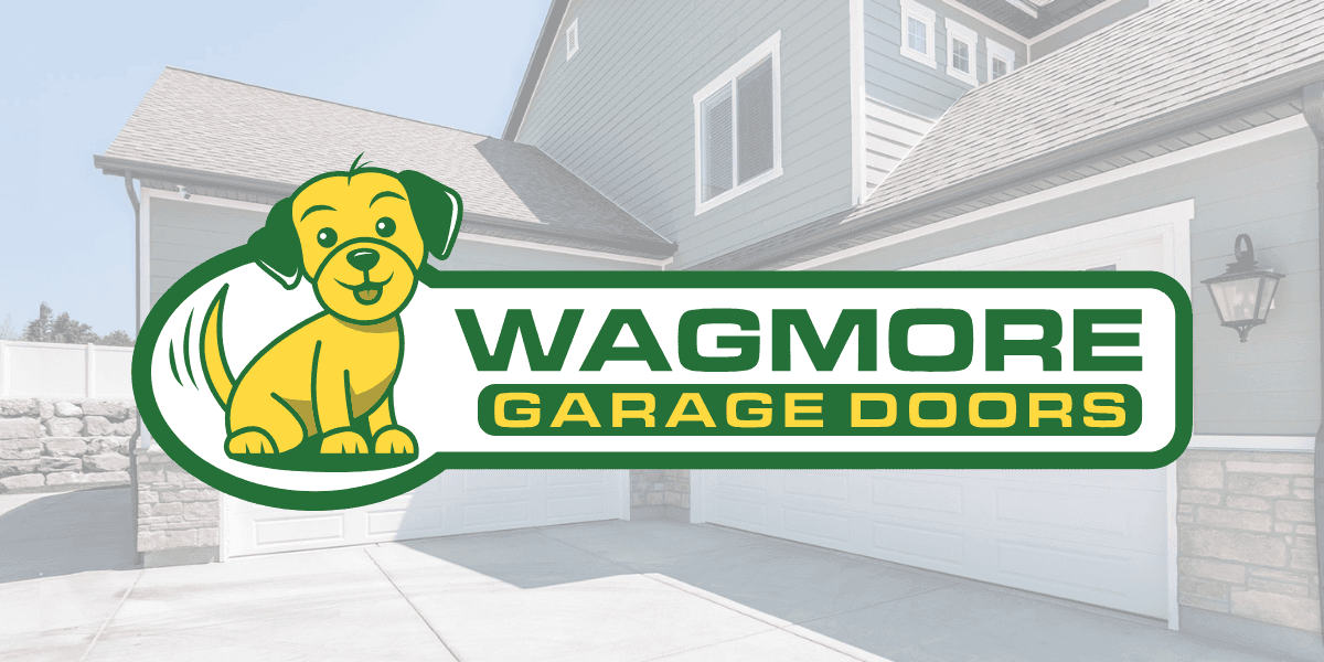 Wagmore Garage Doors logo features a cheerful yellow cartoon dog next to bold green and yellow text, set against a suburban house with garage doors.