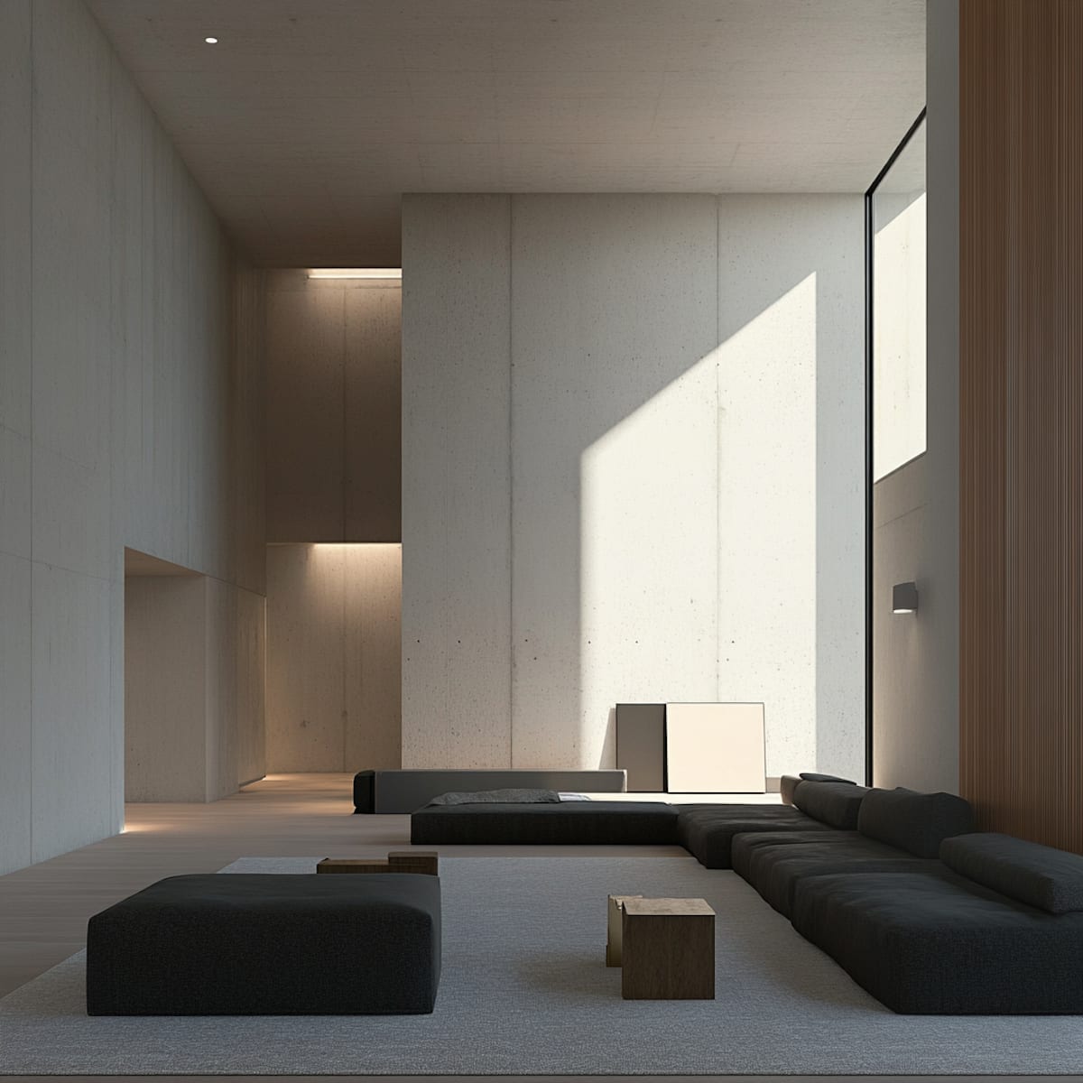 An ultra-minimalist, brutalist living room with soaring concrete walls and integrated architectural lighting. A low-slung, charcoal-colored modular sectional sofa and matching ottoman are arranged on a large light-grey rug, complemented by small cubic wooden side tables. Sharp, geometric shadows are cast by natural light entering from a large window on the right, while a vertical wood-paneled wall adds a touch of warmth to the monochromatic, high-ceilinged space.