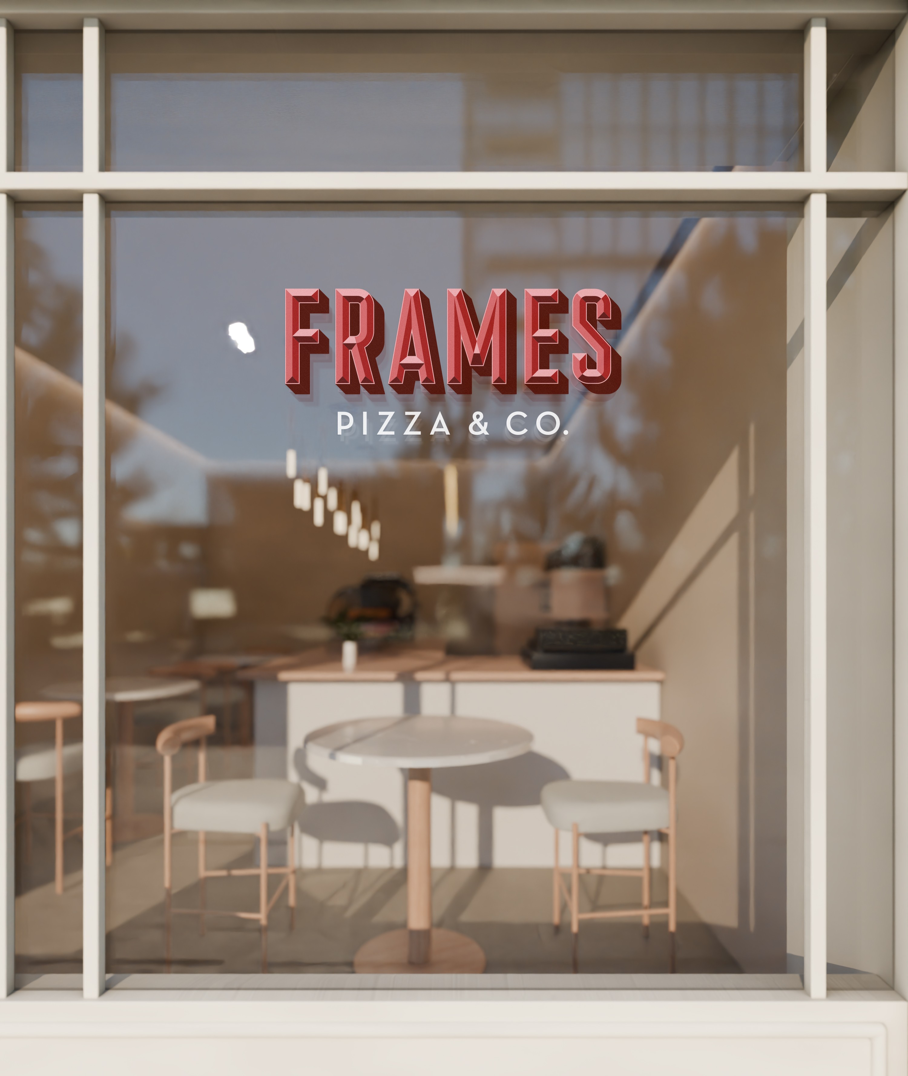Markenauftritt im Raum – Corporate Design von Frames Pizza Slices auf Beschilderung und Außenflächen