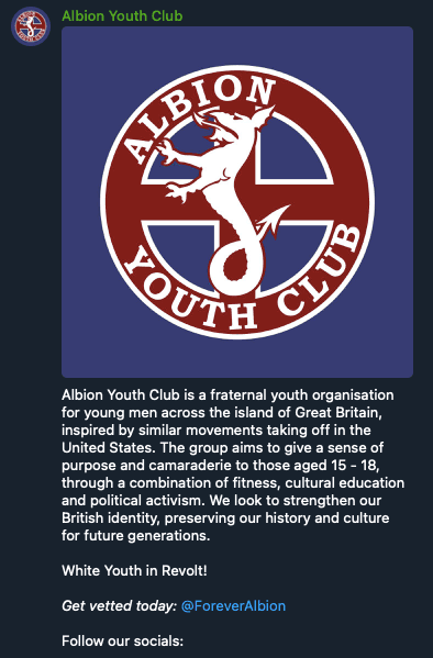 Screenshot from Telegram showing the first message from Albion Youth Club. It includes a variation of the white nationalist Celtic Cross, a symbol widely used by Active Clubs, with the text “Albion Youth Club” and the image of a dragon.