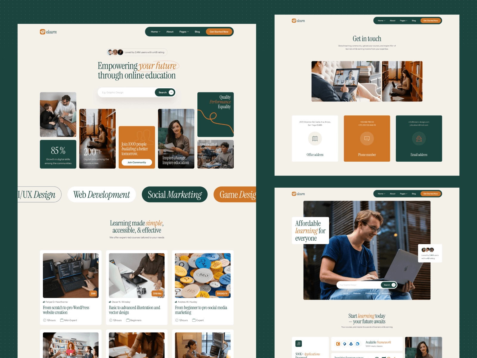 Online education website design featuring cream color UI, student photos, and course cards.