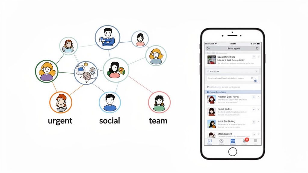 Diagram of people in urgent, social, team groups connected, beside a smartphone with an app.