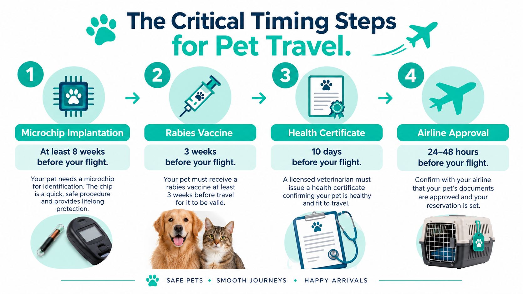 An infographic showing the four critical timing steps required for preparing a pet for air travel.