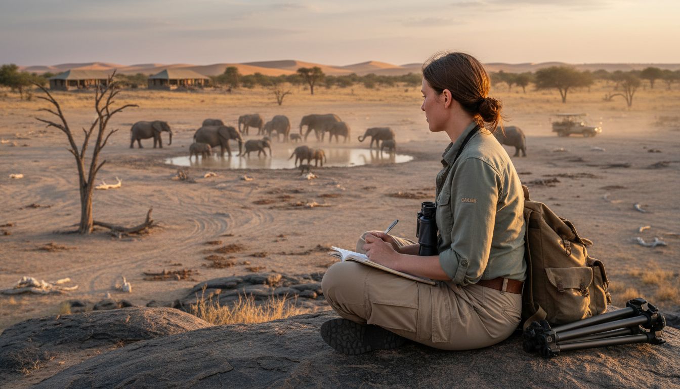 Biologist observing elephants near waterhole