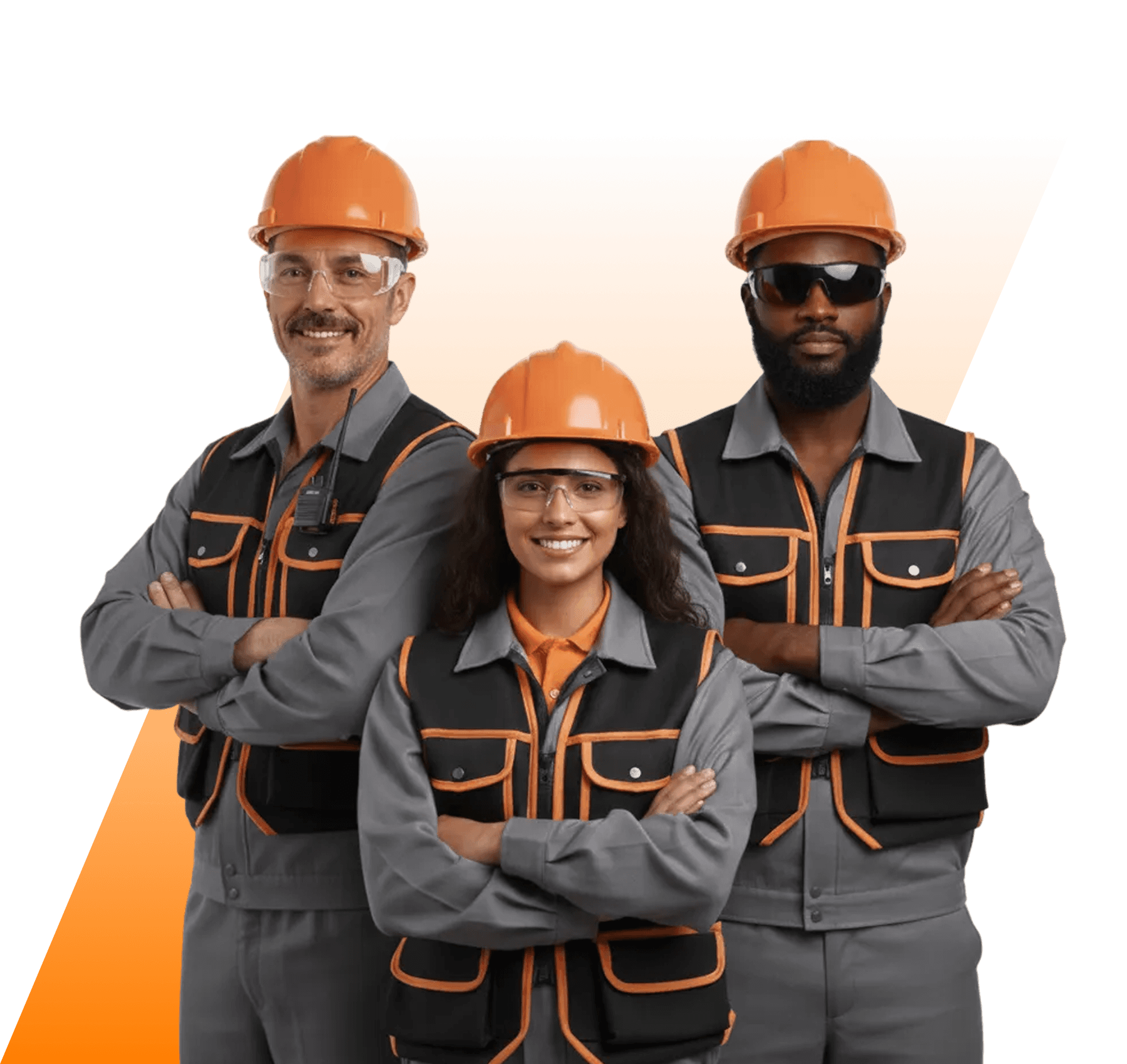 Homem e mulher, ambos com capacetes brancos e coletes de segurança (laranja e amarelo), sorrindo e com braços cruzados, segurando projetos. Representam profissionais de SSMA, engenharia ou supervisão de obras.