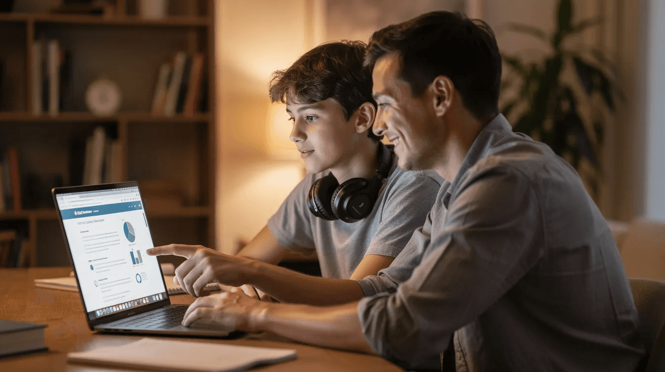A teenager and a parent are sitting together at a desk, engaged in a conversation while looking at a laptop screen. They appear to be discussing important topics related to finances, such as inheritance and family wealth, emphasizing the significance of planning for the future and understanding their family's financial legacy.