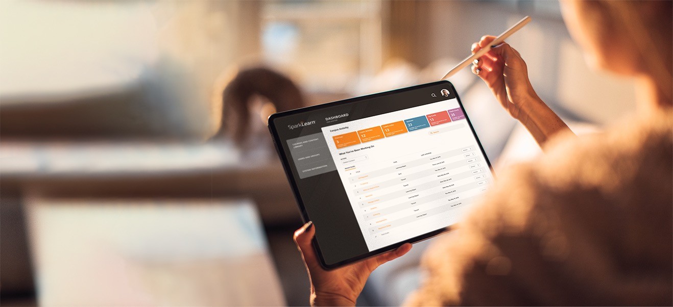 View over a woman shoulder as she uses SparkLearn on a tablet.