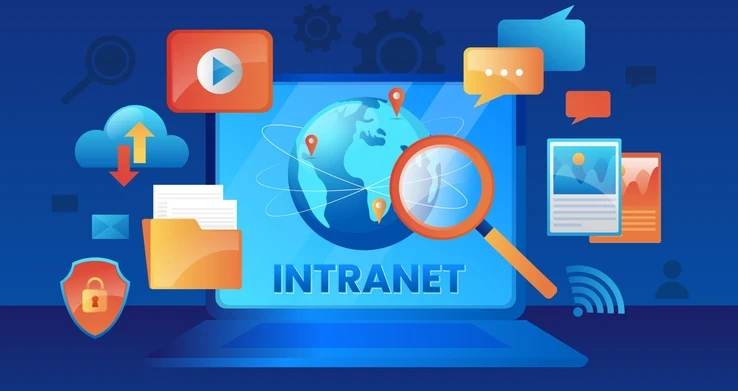 Ilustração de uma tela com lupa sobre a palavra INTRANET, cercada por ícones de arquivo, chat e segurança