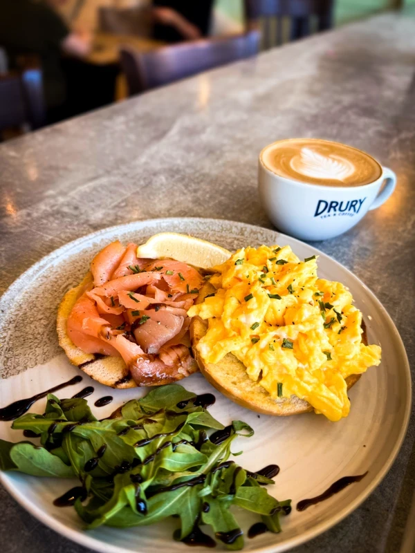 salmon and scrambled eggs and a coffee