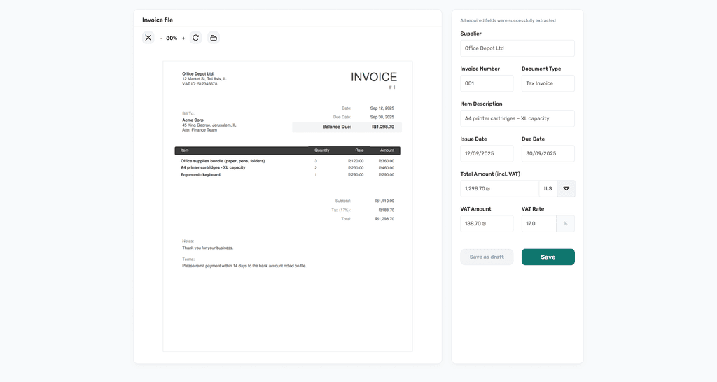 Invoice scanning success state with extracted invoice data