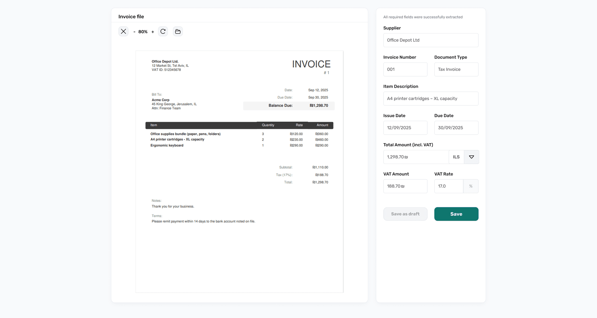 Invoice scanning success state with extracted invoice data