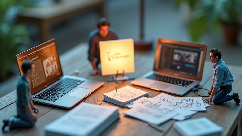 Tiny people compare Framer, Webflow, and WordPress models on a miniature studio pedestal.