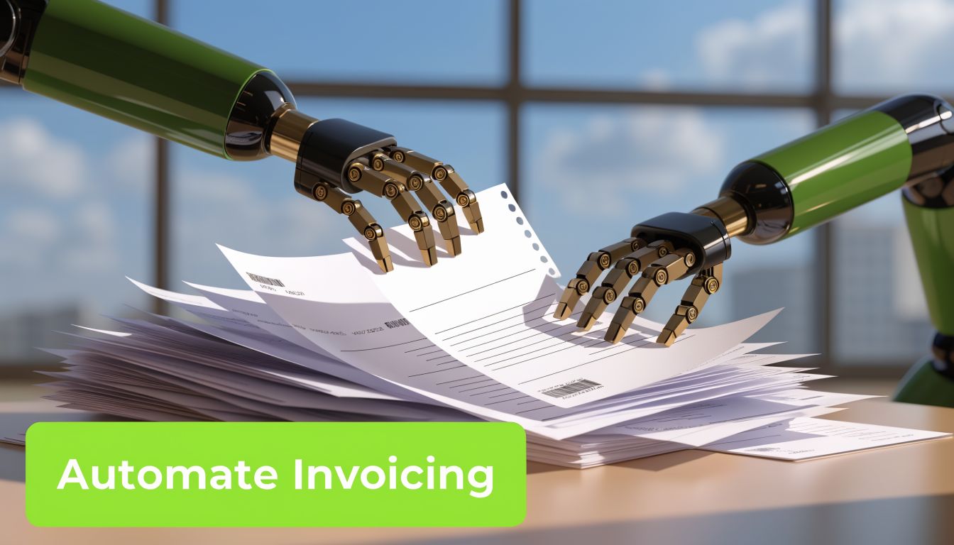 Two robotic hands organizing a large stack of paper invoices on a wooden office desk.