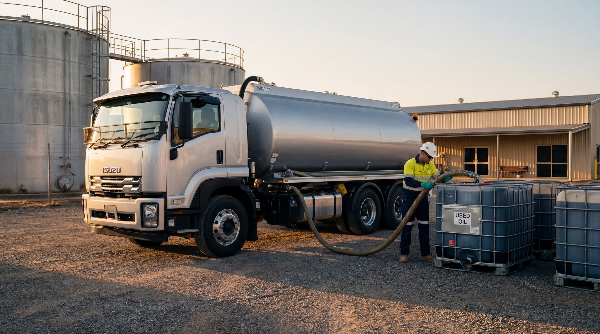 Large tanker pumping used lubricant oil into an IBC