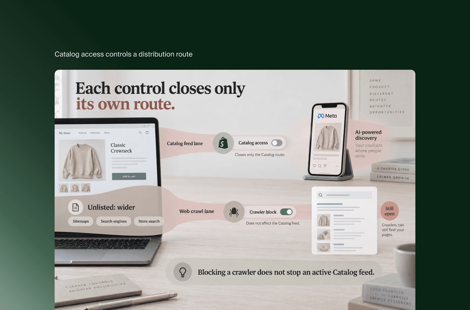 Diagramm: Shopify-Catalog-Zugriff und Crawler-Sperre steuern jeweils eine eigene Route zur KI-Discovery auf Meta