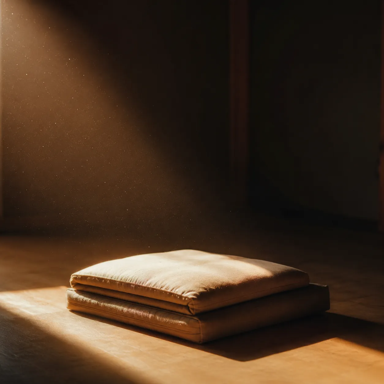 A folded meditation cushion on the floor, lit by a shaft of afternoon light