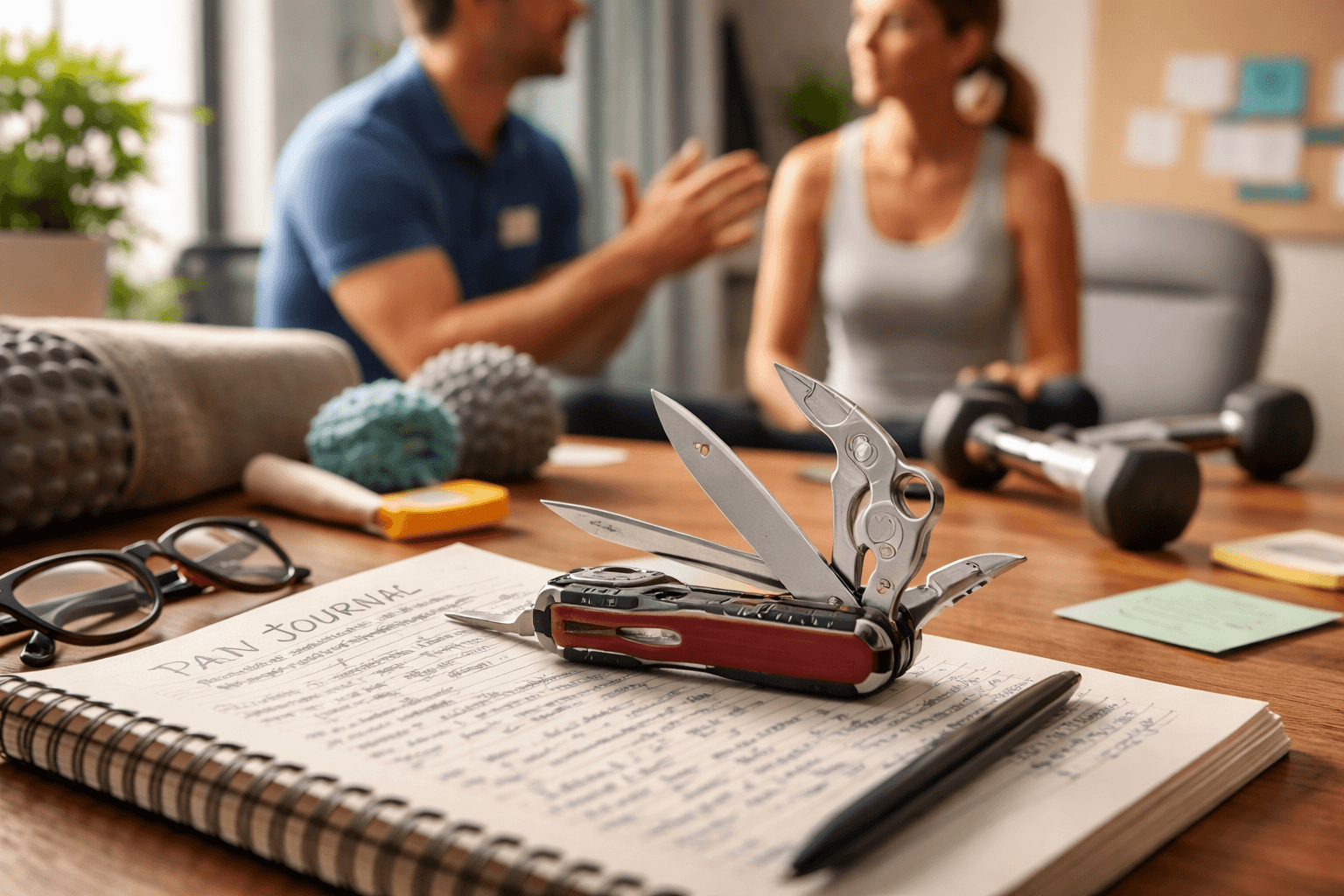 Physical therapist discussing chronic pain treatment with a patient, with a Swiss Army knife and pain journal on a desk symbolizing a multi-tool physical therapy approach to pain relief.